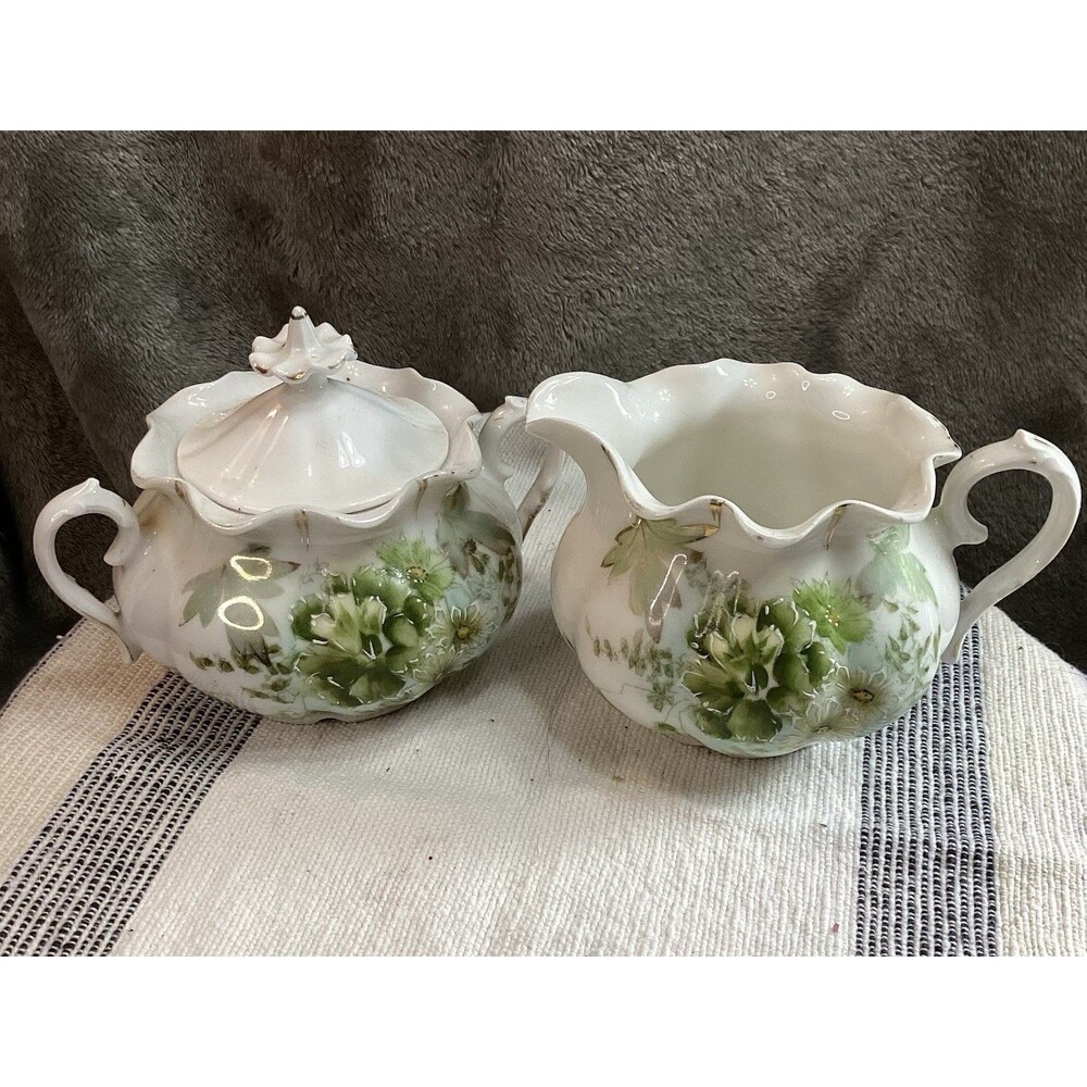 Antique RS Prussia German Porcelain Creamer & Sugar Hand Painted Cottage Core